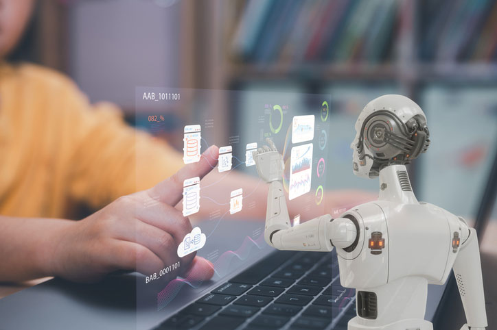 student working with ai and robot
