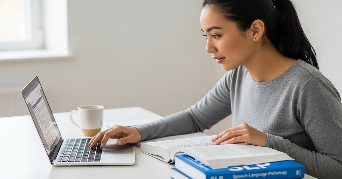 Graduate student studying for accelerated SLP program with speech language pathology textbooks and laptop
