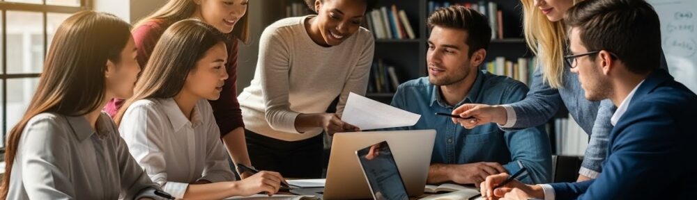 Graduate students reviewing application materials together at a table with laptops and documents, representing how to get into SLP grad school