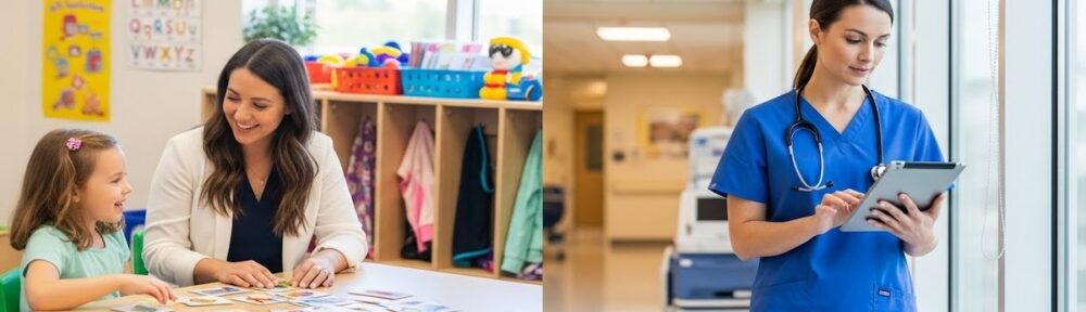 Split image comparing school SLP vs medical SLP careers: a speech-language pathologist using picture cards with a young student in a colorful classroom on the left, and an SLP in scrubs reviewing patient information on a tablet in a hospital hallway on the right