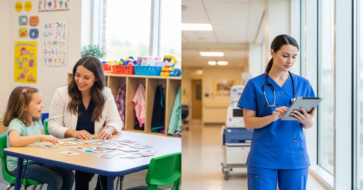 Split image comparing school SLP vs medical SLP careers: a speech-language pathologist using picture cards with a young student in a colorful classroom on the left, and an SLP in scrubs reviewing patient information on a tablet in a hospital hallway on the right