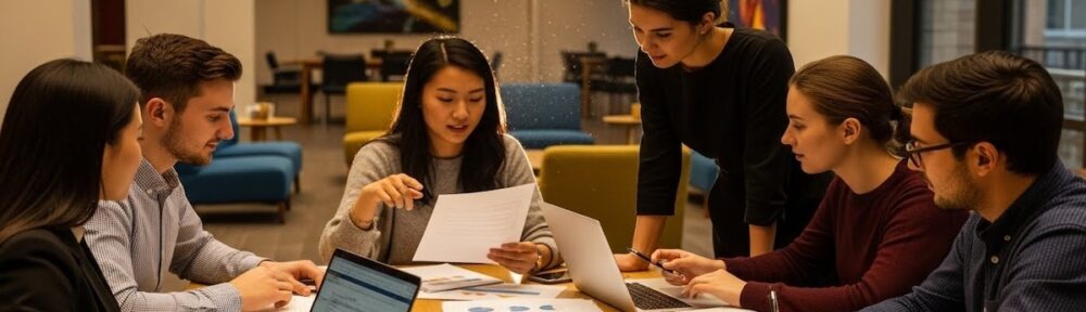 Graduate students collaborating around a table with laptops and financial documents while planning how to pay for SLP grad school