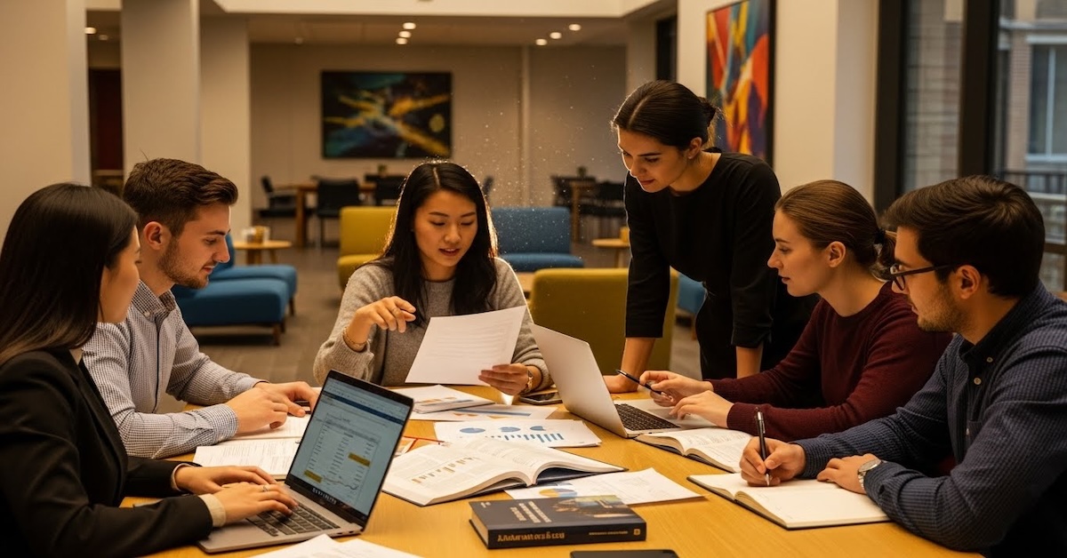 Graduate students collaborating around a table with laptops and financial documents while planning how to pay for SLP grad school