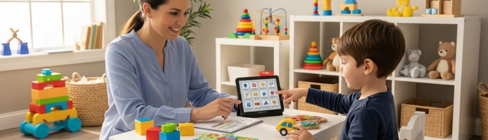 Speech-language pathologist working with young boy using tablet communication device during therapy session in bright modern clinic with educational toys