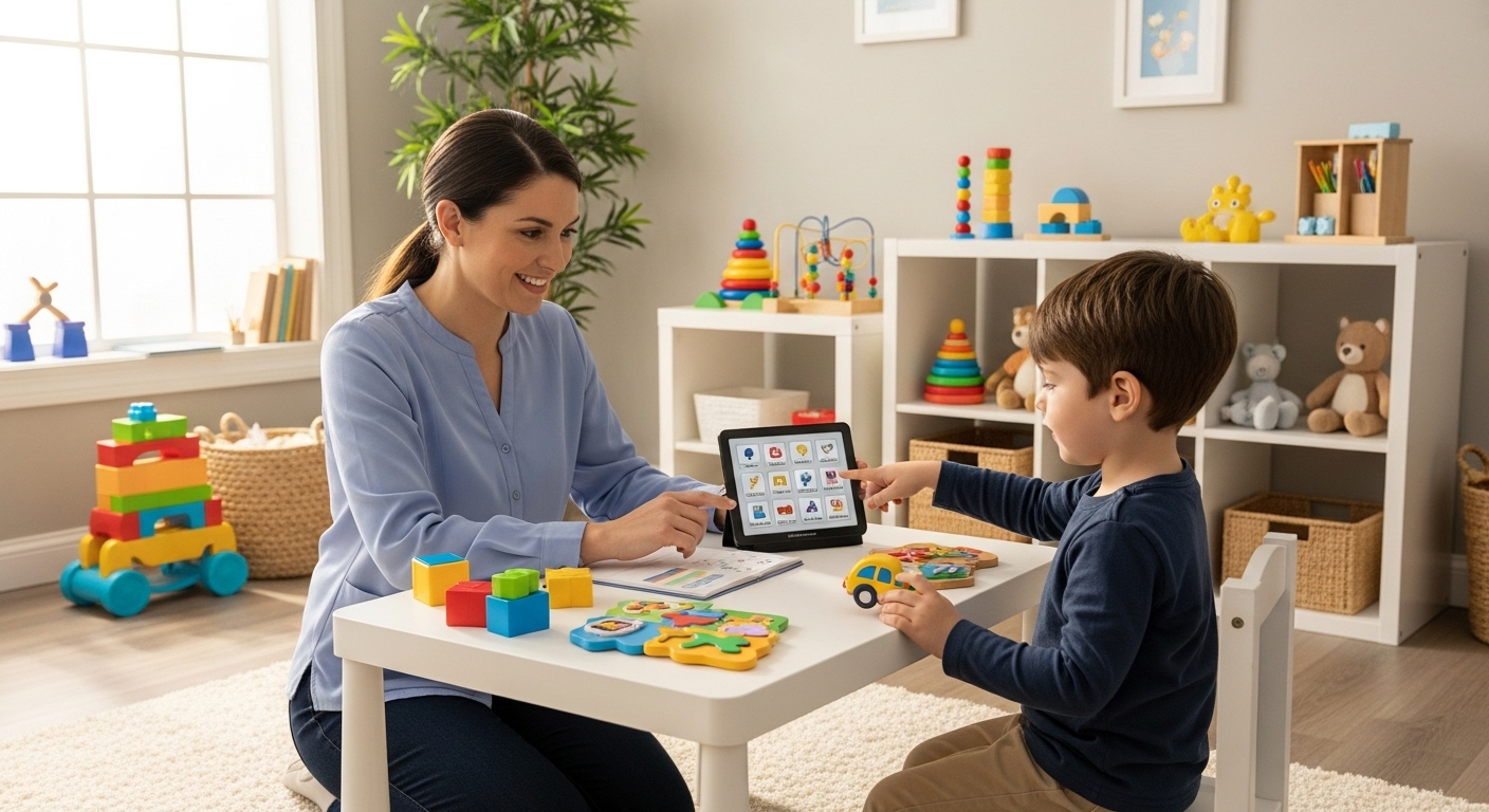 Speech-language pathologist working with young boy using tablet communication device during therapy session in bright modern clinic with educational toys