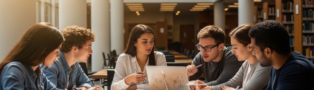Diverse graduate students collaborating at table in modern university library with laptops and study materials